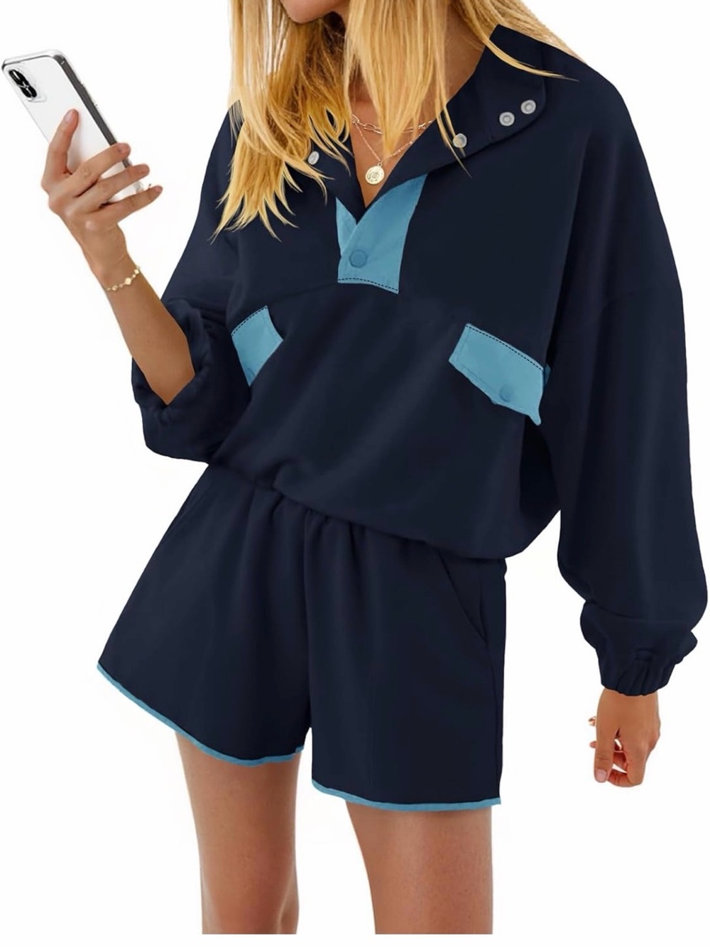Navy and Light Blue Contrast Pullover Top - Women